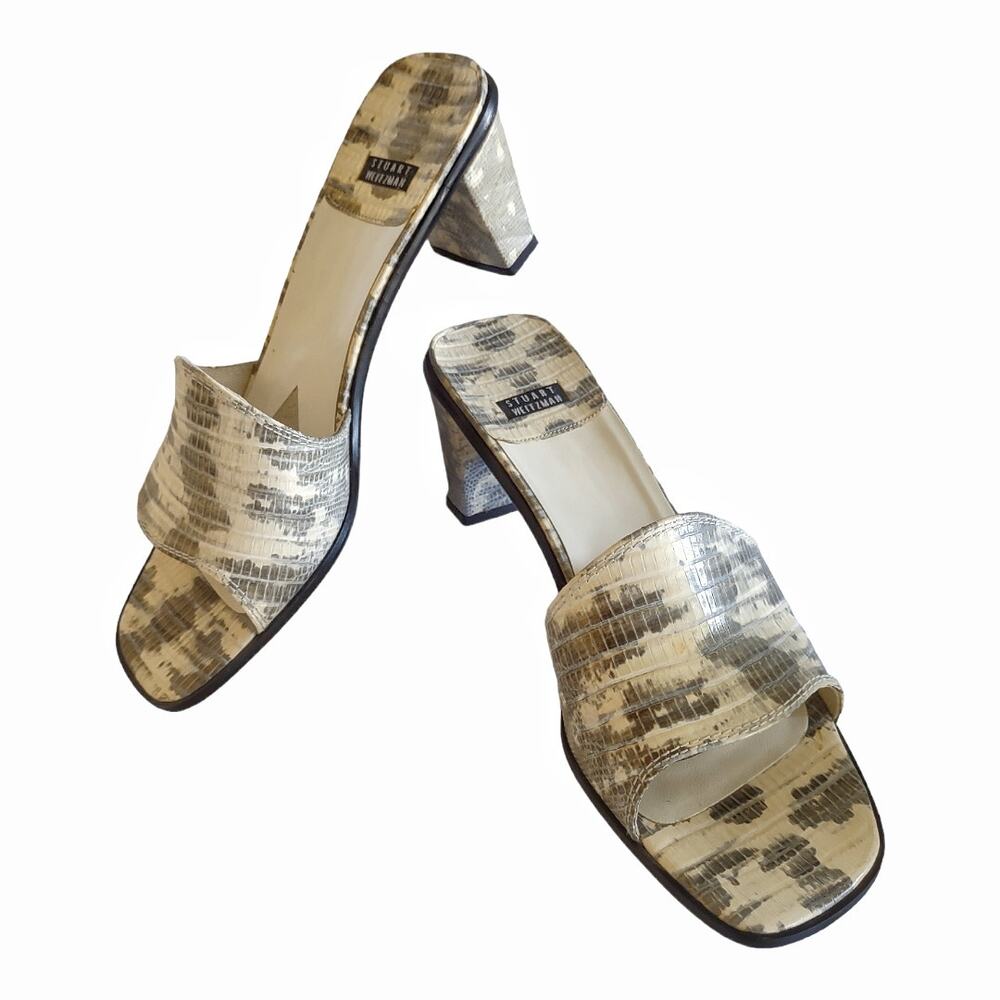 STUART WEITZMAN Snakeskin Slip-On Mules Size 8.5 Square Heel Sandal Animal Print